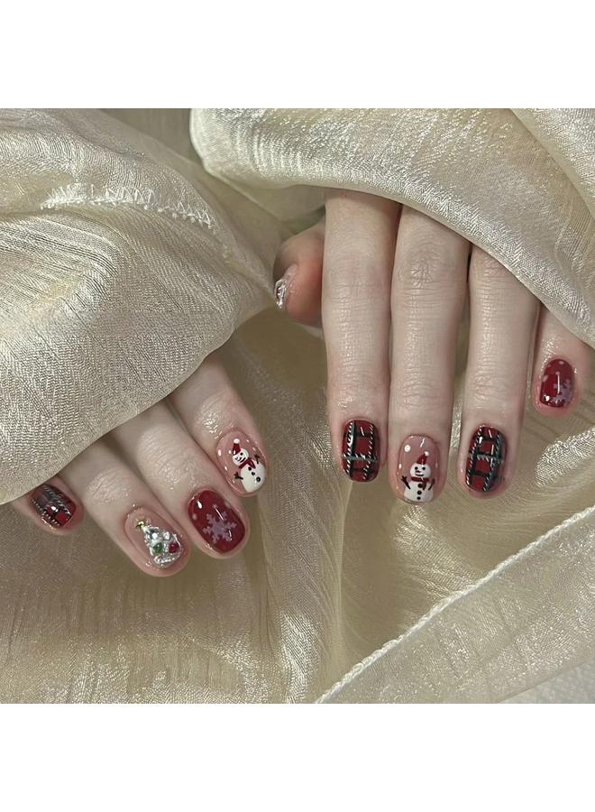 Bluejw Hand-Wearing Armor Christmas Foreign Trade Fake Nails Red Checkerboard Snowflake Cute Snowman Christmas Tree Wearing Armor - Image 3