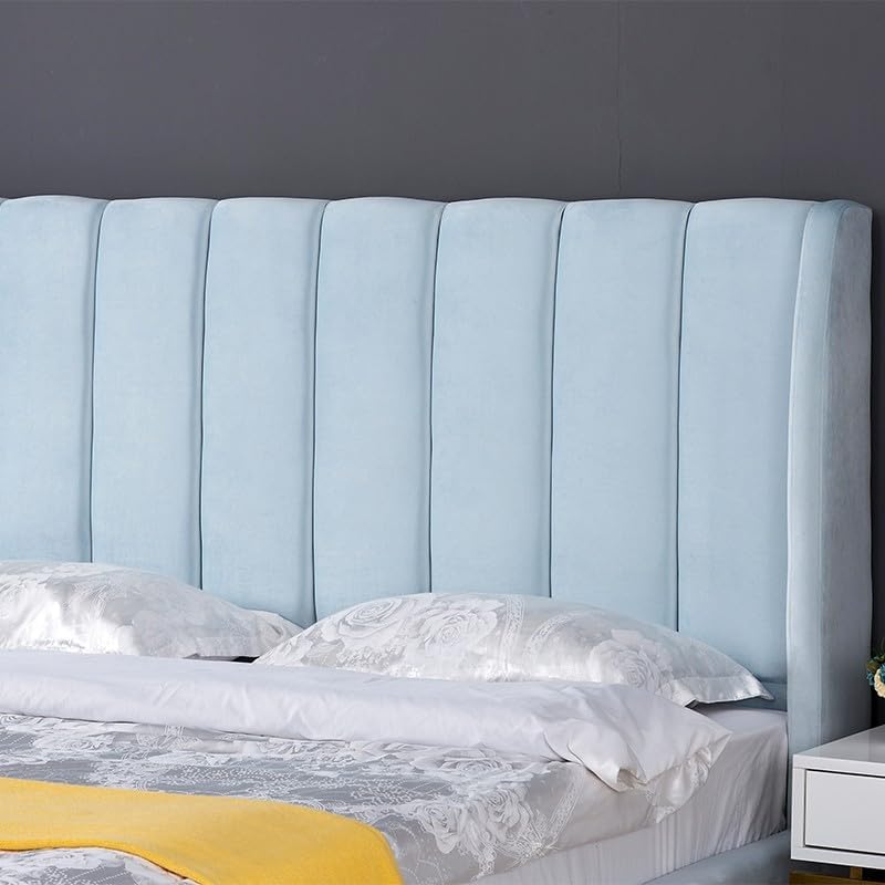Modern Velvet Upholstered Platform Bed Frame with Vertical Channel Tufted Headboard and Golden Metal Legs - Light Blue, Twin Size - Image 5
