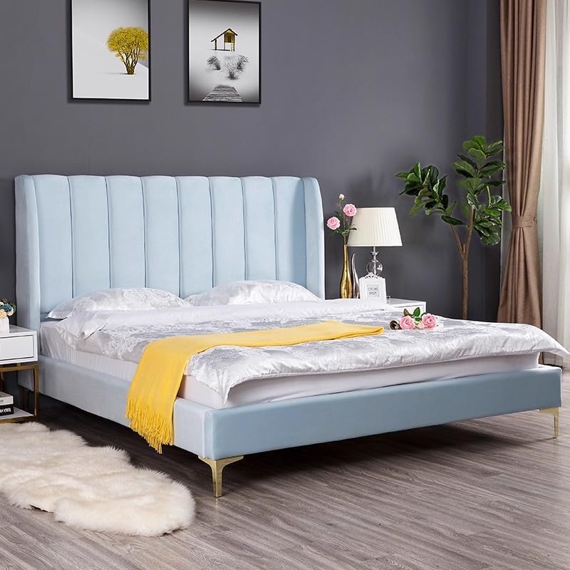 Modern Velvet Upholstered Platform Bed Frame with Vertical Channel Tufted Headboard and Golden Metal Legs - Light Blue, Twin Size - Image 1