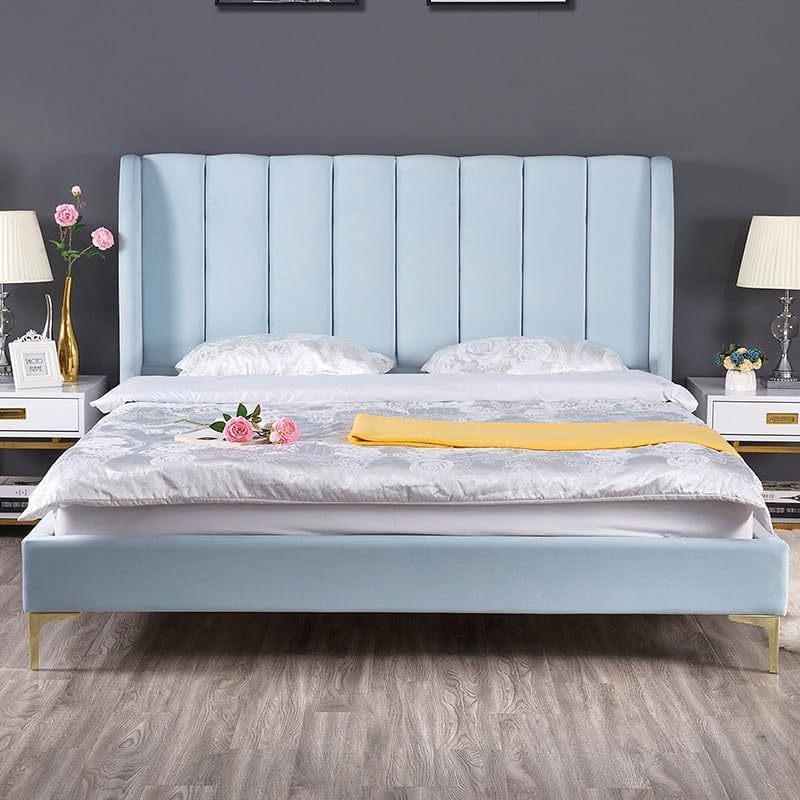Modern Velvet Upholstered Platform Bed Frame with Vertical Channel Tufted Headboard and Golden Metal Legs - Light Blue, Twin Size - Image 3