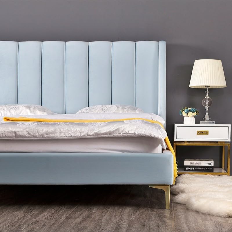 Modern Velvet Upholstered Platform Bed Frame with Vertical Channel Tufted Headboard and Golden Metal Legs - Light Blue, Twin Size - Image 4