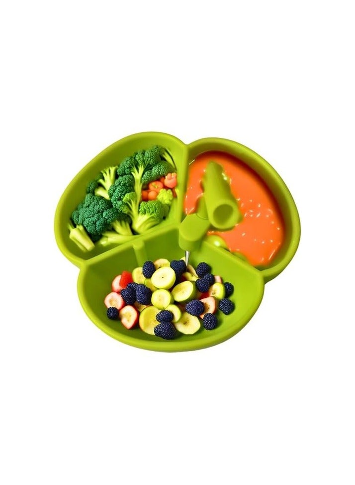 طبق طعام من السيليكون الممتاز مع قاعدة شفط - سيليكون مقسم الى 3 بقع، طبق للاطفال الصغار مع ماصة سيليكون (اخضر) - Image 1