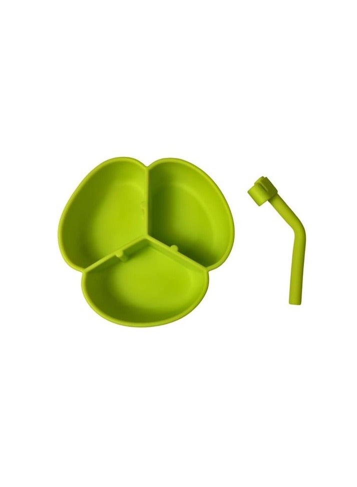 طبق طعام من السيليكون الممتاز مع قاعدة شفط - سيليكون مقسم الى 3 بقع، طبق للاطفال الصغار مع ماصة سيليكون (اخضر) - Image 4
