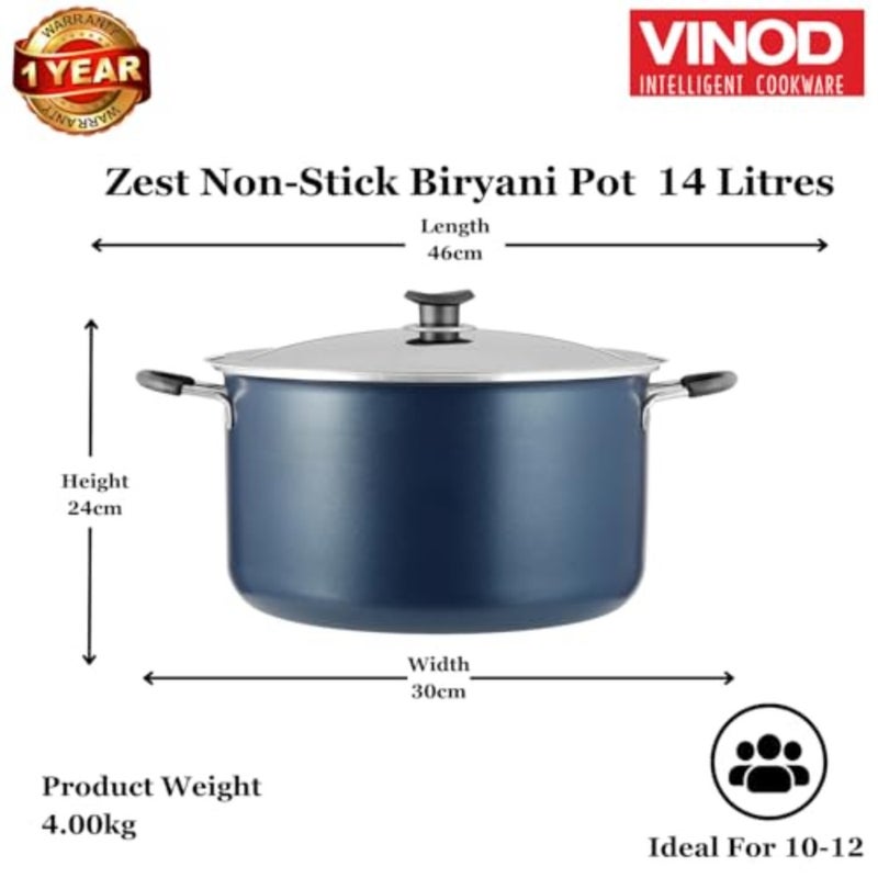 Zest Non-Stick Biryani Pot 14 litres with Riveted Sturdy Bakelite Handles Comes with Steel and Aluminum Lid - Blue, 4 mm Thickness Gas Stove Friendly - Image 3