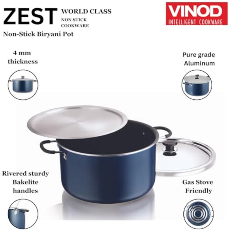 Zest Non-Stick Biryani Pot 14 litres with Riveted Sturdy Bakelite Handles Comes with Steel and Aluminum Lid - Blue, 4 mm Thickness Gas Stove Friendly - Image 4