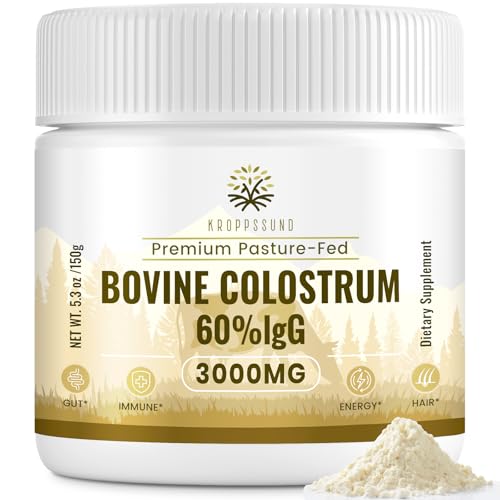 Kroppssund Bovine Colostrum Powder Supplement 3000 mg - Extra High 60% IgG Bovine Colostrum - Gut, Bone, Exercise, Immune - 50 Servings (1 Bottle) - Image 1