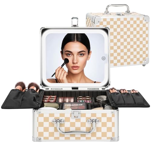 Relavel Makeup Bag with LED Mirror, Makeup Box Travel Train Case with Lighted Mirror & Adjustable Dividers, Cosmetic Brush Organizer Storage for Makeup Artists Gifts for Women and Girls (Plaid, Small) - Image 1