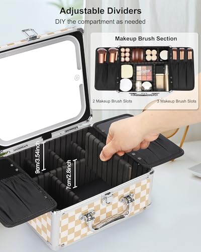 Relavel Makeup Bag with LED Mirror, Makeup Box Travel Train Case with Lighted Mirror & Adjustable Dividers, Cosmetic Brush Organizer Storage for Makeup Artists Gifts for Women and Girls (Plaid, Small) - Image 2