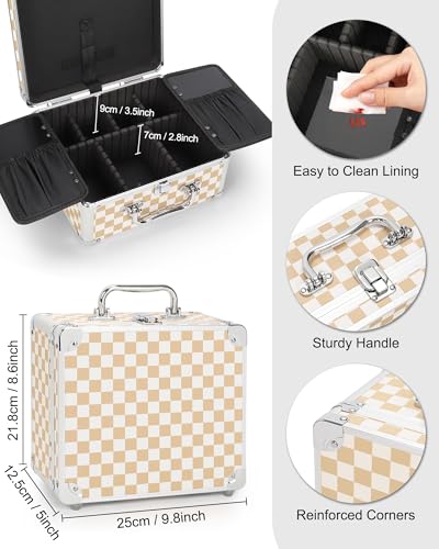 Relavel Makeup Bag with LED Mirror, Makeup Box Travel Train Case with Lighted Mirror & Adjustable Dividers, Cosmetic Brush Organizer Storage for Makeup Artists Gifts for Women and Girls (Plaid, Small) - Image 5