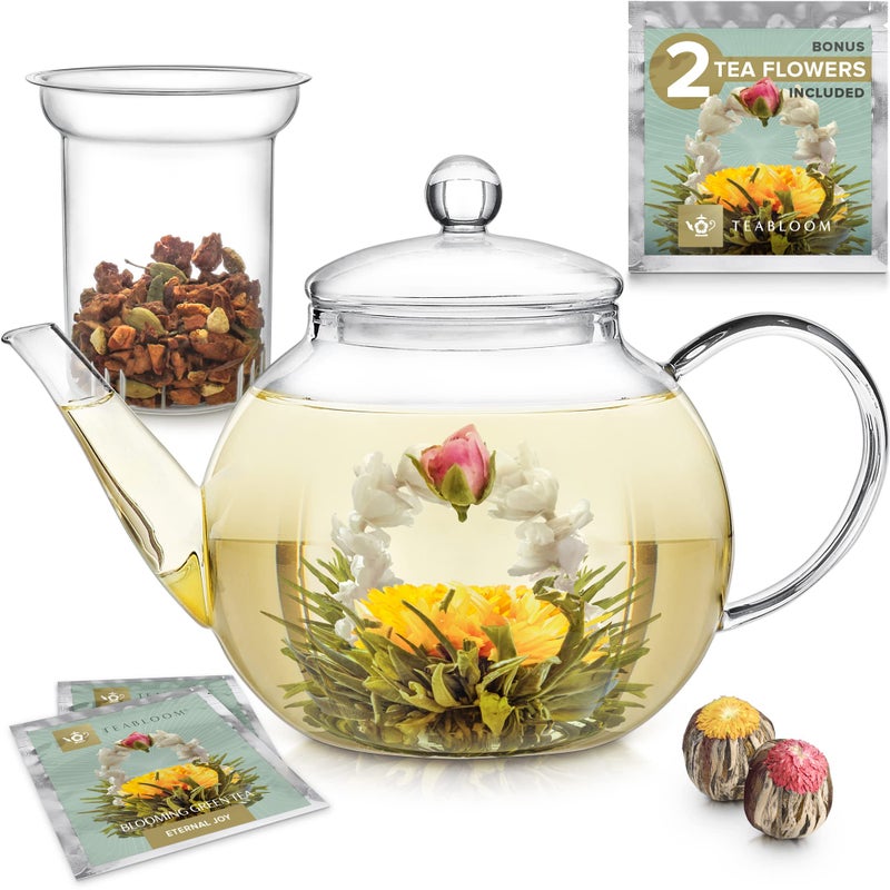Teabloom Stovetop & Microwave Safe Glass Teapot with Removable Loose Tea Glass Infuser â€“ Includes 2 Blooming Teas â€“ 2-in-1 Tea Kettle and Tea Maker â€“ Tea Purist's Choice - Image 1