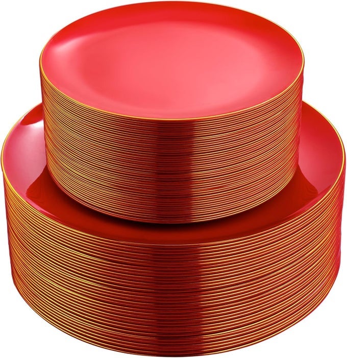 100PCS RED PLASTIC PLATES DISPOSABLE HEAVY DUTY INCLUDE 50 DINNER 50 DESSERT PLATES FOR PARTY CHRISTMAS
