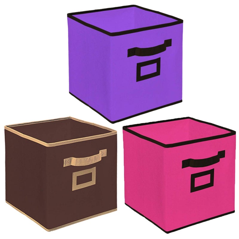Kuber Industries Heart Home Non Woven 3 Pieces Small Foldable Storage Organiser Cubes/Boxes (Coffee & Pink & Purple) - CTHH16895 