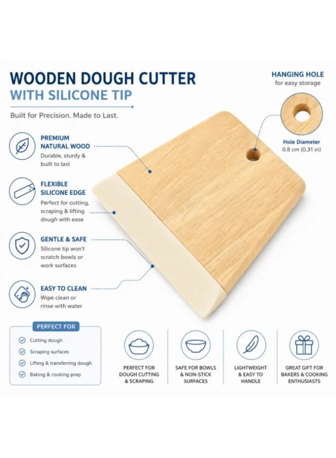 Wooden Dough Cutter with Food-Grade Silicone Edge, Wooden Dough Scraper for Bread, Pizza & Pastry Dough, Non-Scratch Bench Scraper, 12 × 11 cm Beige - Image 3