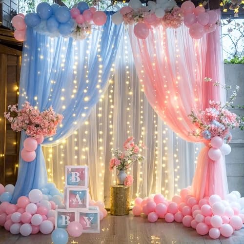 Suppromo Pink Blue Sheer Tulle Backdrop Curtains with Lights String for Gender Reveal Baby Shower Decorations for Boy or Girl Birthday Party Photo Shoot Backdrop Background Decorations 2 Panels 5×8ft - Image 1