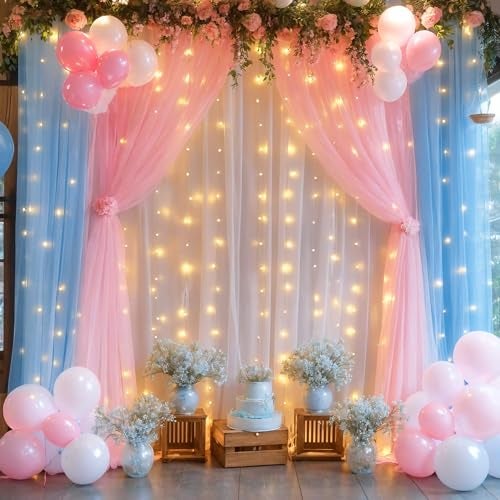 Suppromo Pink Blue Sheer Tulle Backdrop Curtains with Lights String for Gender Reveal Baby Shower Decorations for Boy or Girl Birthday Party Photo Shoot Backdrop Background Decorations 2 Panels 5×8ft - Image 4