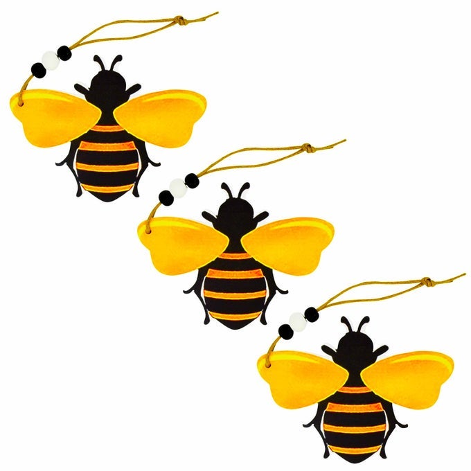Bee Ornaments Wooden Bumble Bees Cutouts Decorations for Tree Tray Wreath Christmas Festival Bee Sign Art Crafts Home Hanging Decor 3 PCS