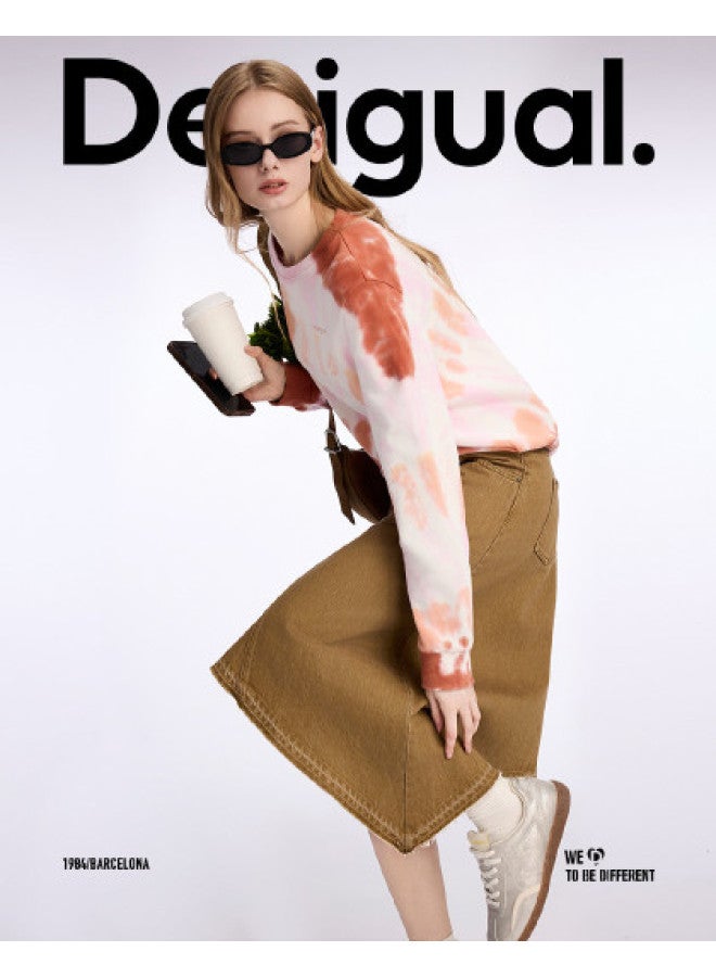 DESIGUAL تنورة جينز مغسولة بحافة غير متساوية من القطن الخالص - Image 1