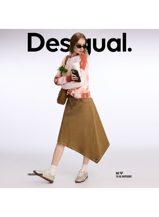 DESIGUAL تنورة جينز مغسولة بحافة غير متساوية من القطن الخالص - Image 5