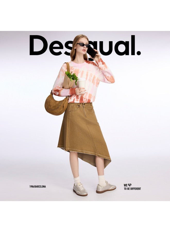 DESIGUAL تنورة جينز مغسولة بحافة غير متساوية من القطن الخالص - Image 3