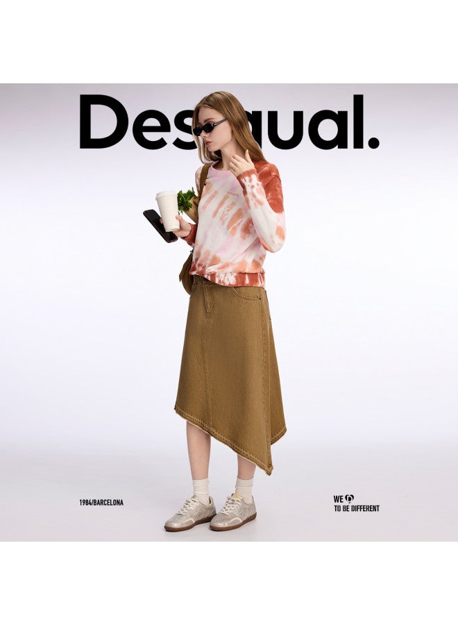 DESIGUAL تنورة جينز مغسولة بحافة غير متساوية من القطن الخالص - Image 4