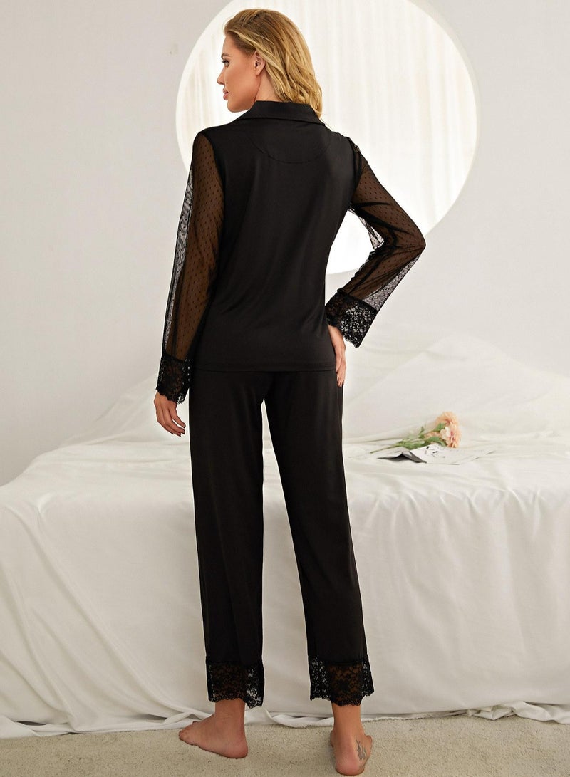 Loquat Women's Solid Color Lace Stitching 2-Piece Set Pajamas Long Sleeve Top And Pants Soft Loungewear Nightgown Suit Leisure Wear Black  - Image 3