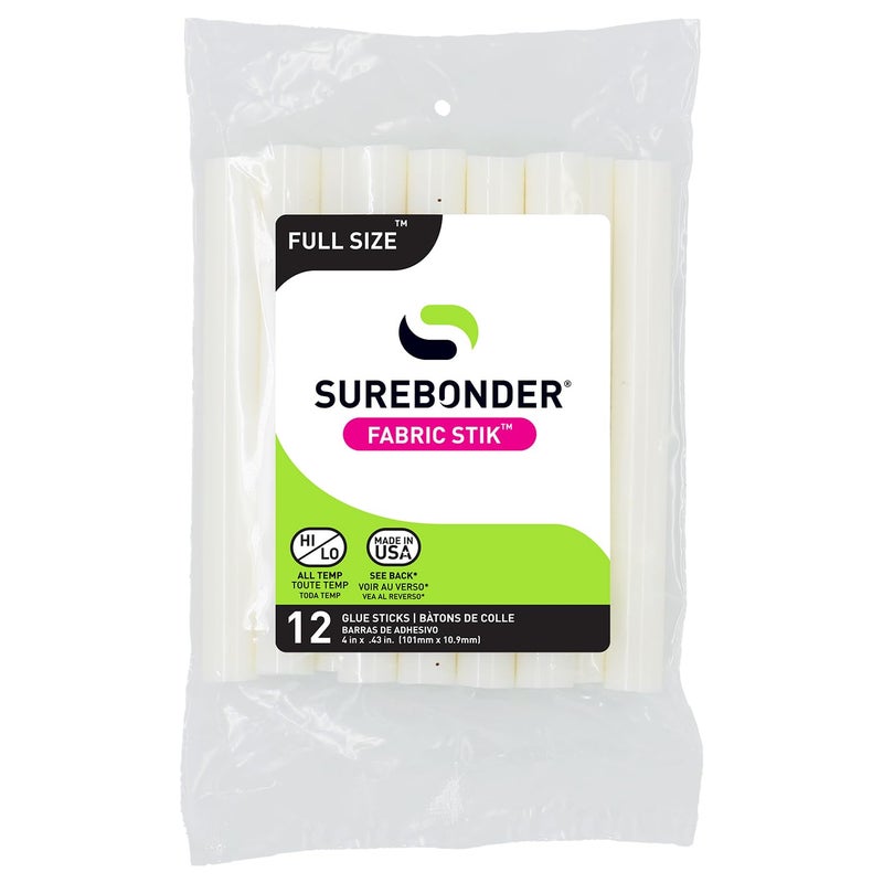 Surebonder Fabric Hot Glue Sticks Full Size 4Inch Machine Washable Adhesive for Denim Felt Leather and More Strong Flexible Bond 12 Pack White