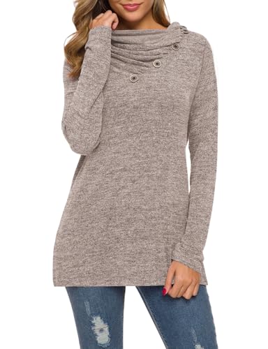 WEACZZY Long Sleeve Shirts for Women Cute Button Cowl Neck Blouse Tops Dressy Casual Basic Work Shirt Loose Tunic Tops X-Large, 08 Brown - Image 1