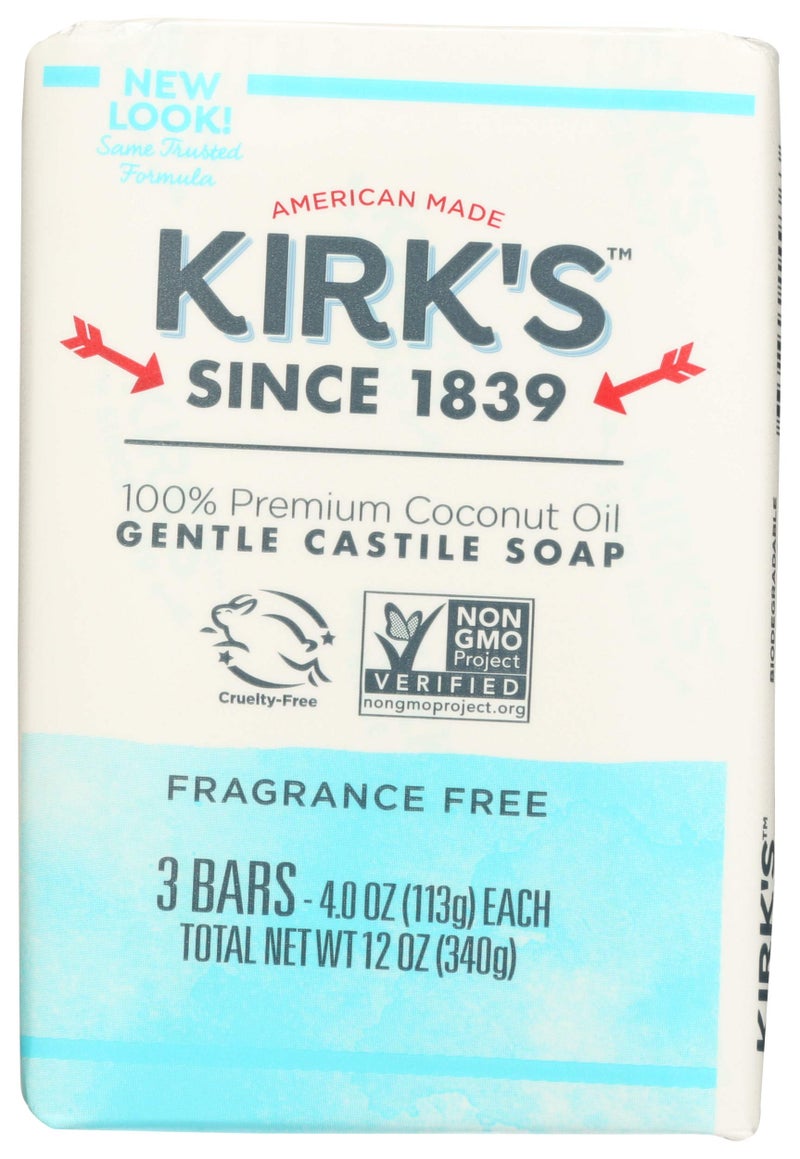 Kirk's Castile Bar Soap Clean Soap for Men, Women & Children | Premium Coconut Oil | Sensitive Skin Formula, Vegan | Fragrance-Free/Unscented | 4 oz. Bars - 3 Pack