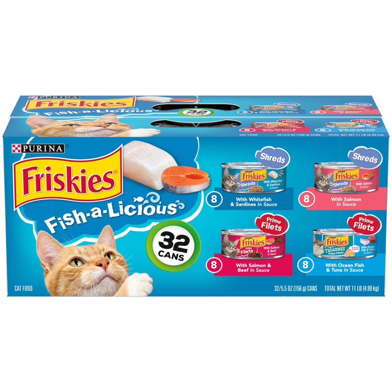 Friskies Purina Friskies Wet Cat Food Variety Pack Fish-A-Licious Extra Gravy, Prime Filets and Tasty Treasures - (Pack of 32) 5.5 oz. Cans - Image 1