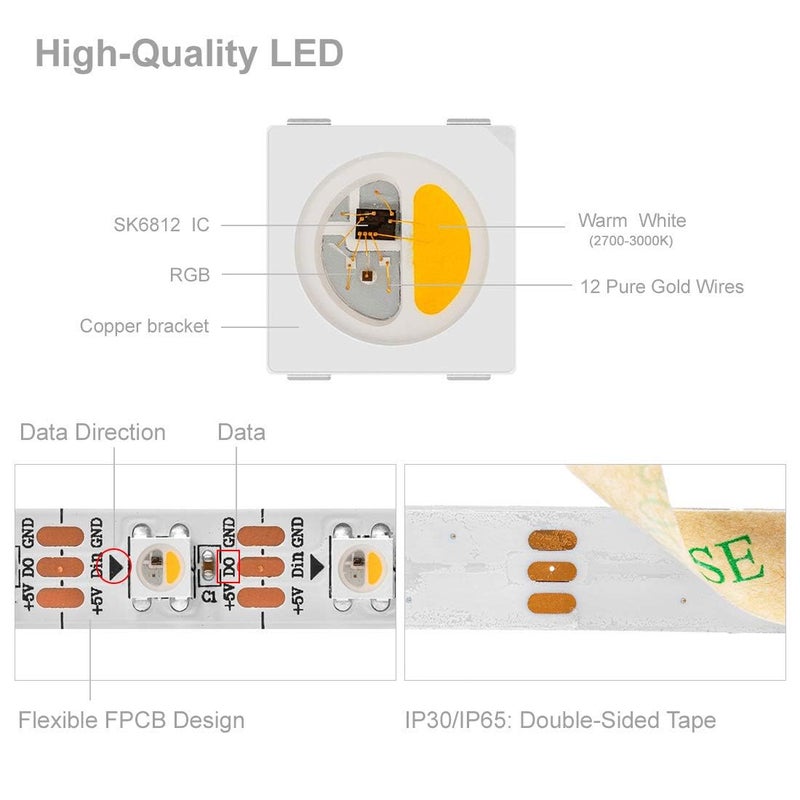 BTF-LIGHTING شريط LED BTF-LIGHTING RGBW RGB+الأبيض الدافئ SK6812 (مشابه لـ WS2812B) 4 ألوان في 1 شريط LED قابل للتوجيه فردياً 16.4 قدم 60 بكسل/م 300 LED لون الحلم IP65 DC5V PCB أبيض (بدون محول أو وحدة تحكم) - Image 3