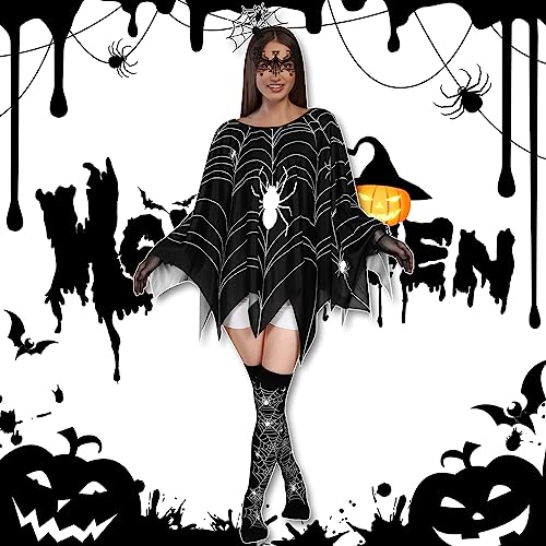 Newcotte 5 Pcs Women Halloween Spider Costume Accessory Spider Web Dress Poncho Cape Hair Hoop Stockings Lace Mask Choker(Classic) - Image 2