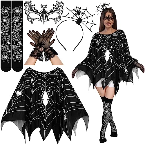 Newcotte 5 Pcs Women Halloween Spider Costume Accessory Spider Web Dress Poncho Cape Hair Hoop Stockings Lace Mask Choker(Classic) - Image 1