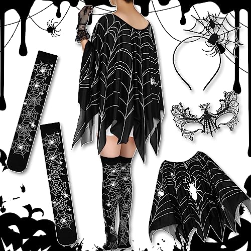 Newcotte 5 Pcs Women Halloween Spider Costume Accessory Spider Web Dress Poncho Cape Hair Hoop Stockings Lace Mask Choker(Classic) - Image 5