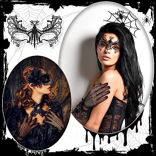 Newcotte 5 Pcs Women Halloween Spider Costume Accessory Spider Web Dress Poncho Cape Hair Hoop Stockings Lace Mask Choker(Classic) - Image 3