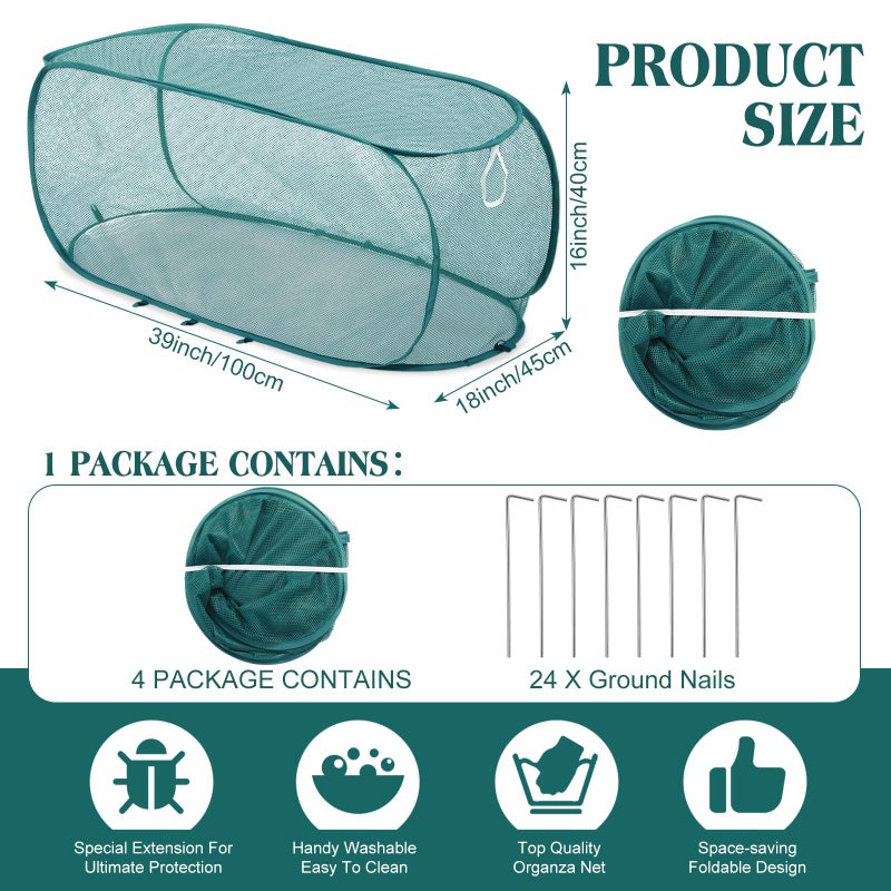 Threehoney 4 Pcs 39" x 18" x 16" Pop up Garden Mesh Plant Cover Outdoor Plant Protector Garden Row Raised Bed Cover with Ground Nails Crop Cage Net for Seedlings Vegetable Fruit Herbs (Dark Green) - Image 2