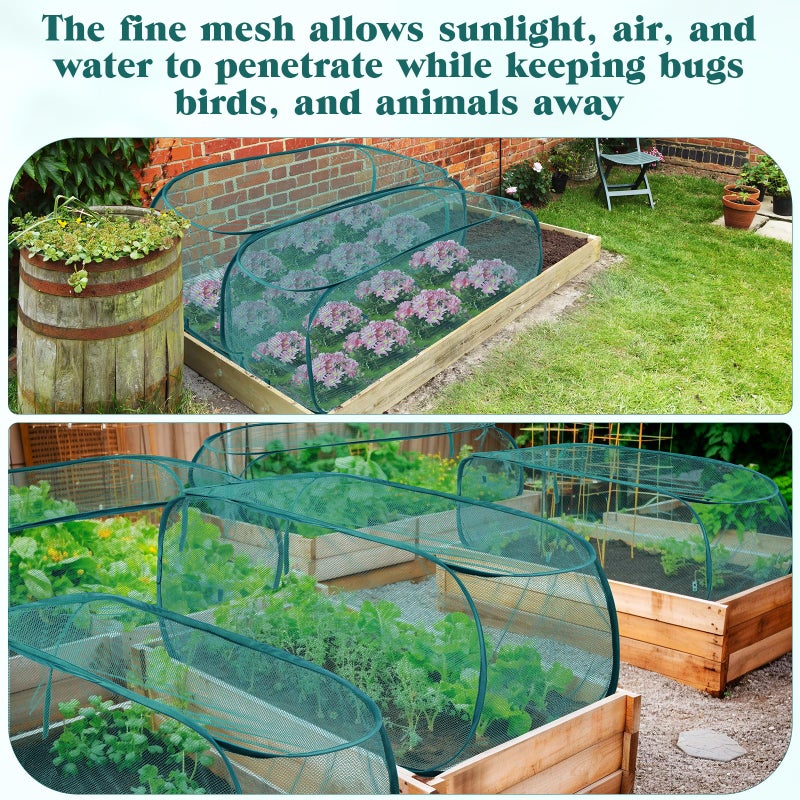 Threehoney 4 Pcs 39" x 18" x 16" Pop up Garden Mesh Plant Cover Outdoor Plant Protector Garden Row Raised Bed Cover with Ground Nails Crop Cage Net for Seedlings Vegetable Fruit Herbs (Dark Green) - Image 5