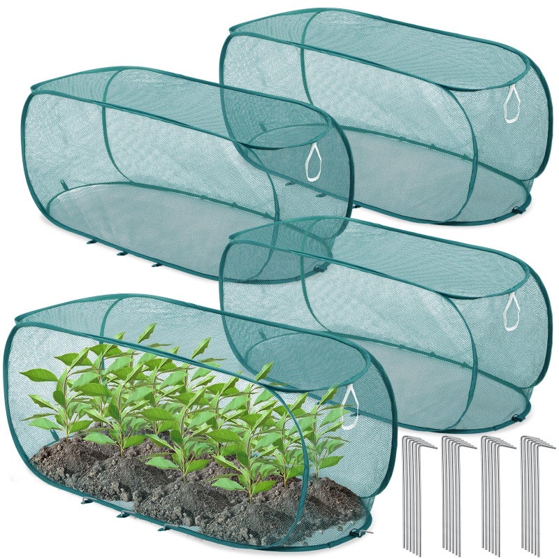 Threehoney 4 Pcs 39" x 18" x 16" Pop up Garden Mesh Plant Cover Outdoor Plant Protector Garden Row Raised Bed Cover with Ground Nails Crop Cage Net for Seedlings Vegetable Fruit Herbs (Dark Green) - Image 1