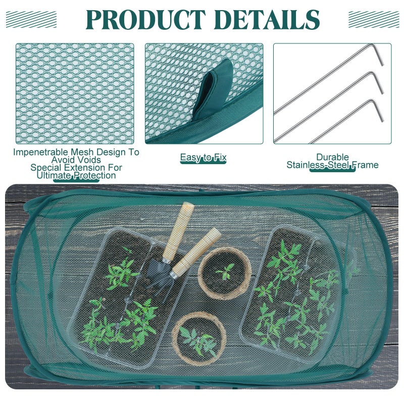 Threehoney 4 Pcs 39" x 18" x 16" Pop up Garden Mesh Plant Cover Outdoor Plant Protector Garden Row Raised Bed Cover with Ground Nails Crop Cage Net for Seedlings Vegetable Fruit Herbs (Dark Green) - Image 3
