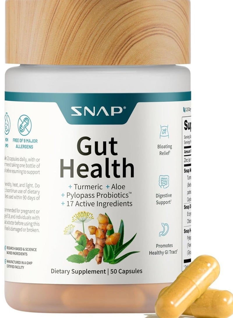 SNAP SUPPLEMENTS Gut Health + Turmeric + Aloe + Pylopass Probiotics + 17 Active Ingredients Dietary Supplement | 50 Capsules - Image 1
