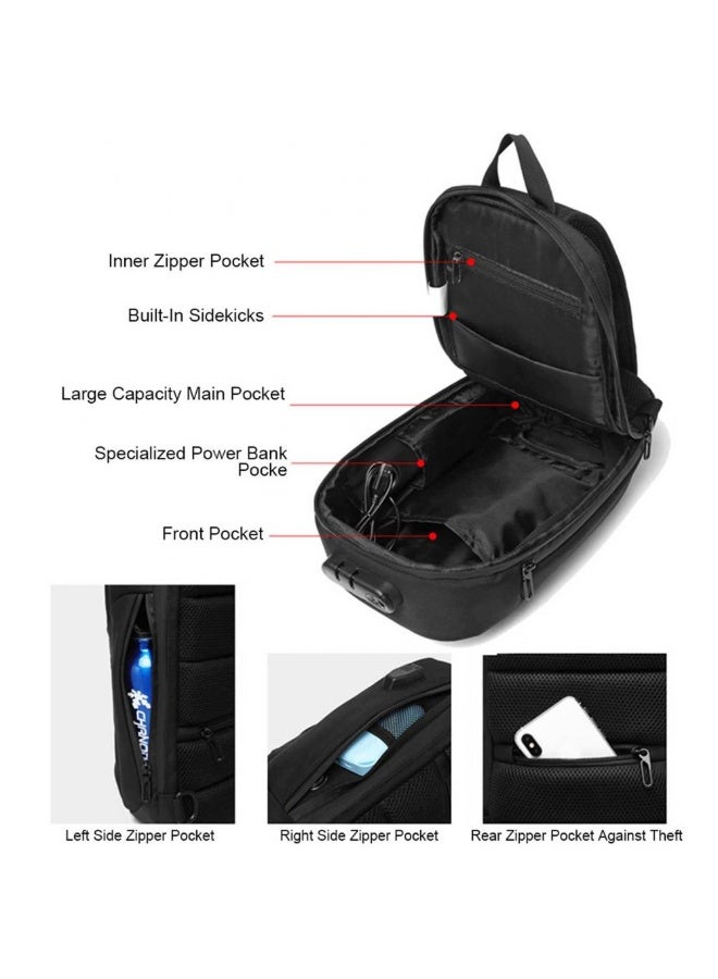أوزوكو شنطة صدر رجالية مضادة للسرقة موديل 9270 – من قماش أوكسفورد المقاوم للماء مع منفذ USB وقفل برقم سري (أسود) - Image 5