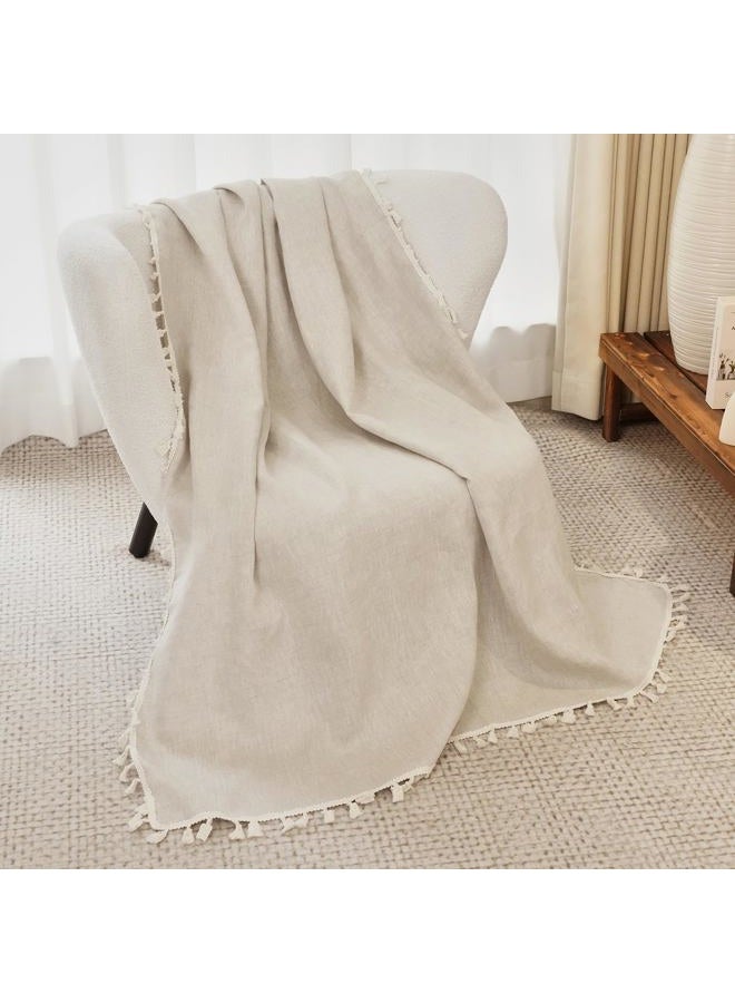 HSOFTIFY 100% Pure Linen Blanket with Fringe, 49.6" x 59.8" - Blankets Lightweight Breathable, Decorative Linen Throw Blanket for Living Room Couch Sofa and Bed,Linen - Image 1