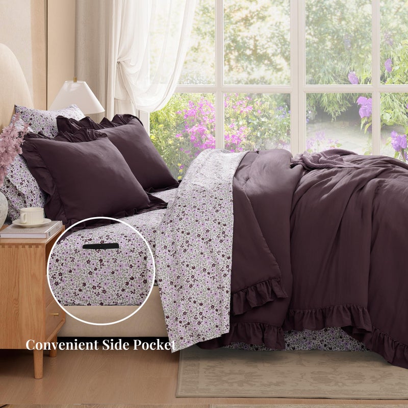 BLOOMHAVEN King Comforter Set - 7 Pieces Ruffle Purple Bedding Sets, Shabby Chic Farmhouse Bed in a Bag King with Ruffle Comforter, Floral Sheets, Pillowcases & Shams - Image 3