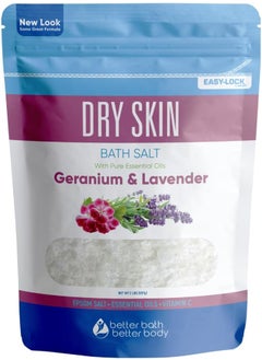 Better Bath Better Body Dry Skin Bath Salt 32 Ounces 2 Lbs Epsom Salt with Natural Geranium and Lavender Essential Oils Plus Vitamin C in BPA Free Pouch with Easy Press Lock Seal Made in USA 