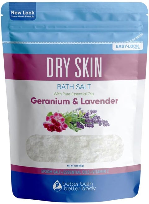 Dry Skin Bath Salt 32 Ounces 2 Lbs Epsom Salt with Natural Geranium and Lavender Essential Oils Plus Vitamin C in BPA Free Pouch with Easy Press Lock Seal Made in USA