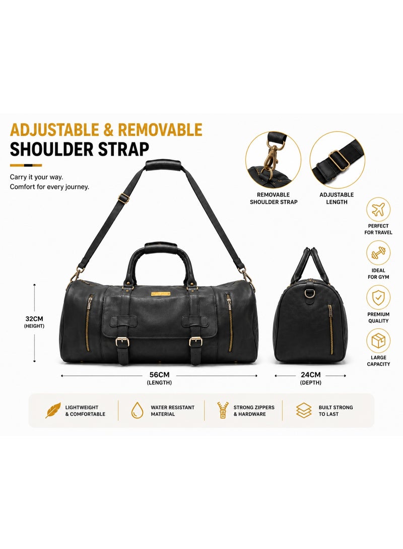 MyPT Leather Duffel Bag, Large Travel Gym Bag, Weekender Overnight Carry-On Luggage, Waterproof Sports Bag with Multiple Pockets, Adjustable Shoulder Strap, Black - Image 5