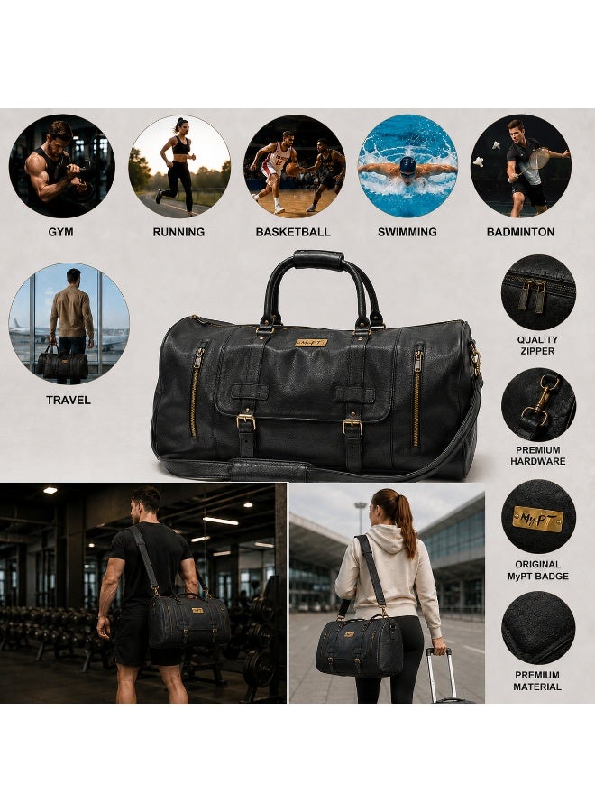MyPT Leather Duffel Bag, Large Travel Gym Bag, Weekender Overnight Carry-On Luggage, Waterproof Sports Bag with Multiple Pockets, Adjustable Shoulder Strap, Black - Image 3