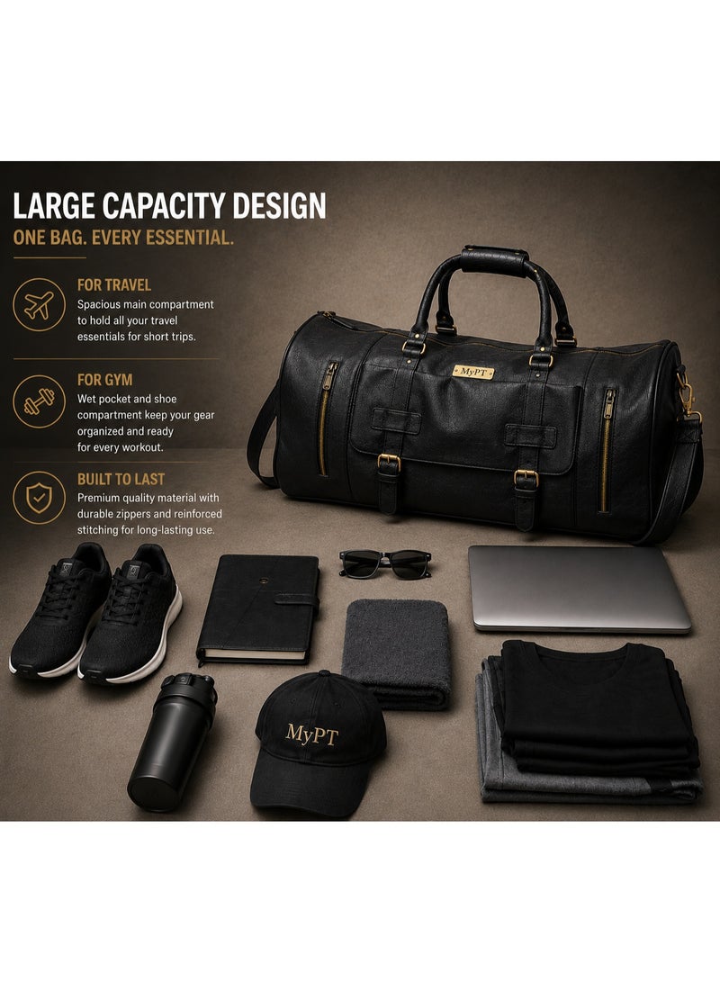 MyPT Leather Duffel Bag, Large Travel Gym Bag, Weekender Overnight Carry-On Luggage, Waterproof Sports Bag with Multiple Pockets, Adjustable Shoulder Strap, Black - Image 4