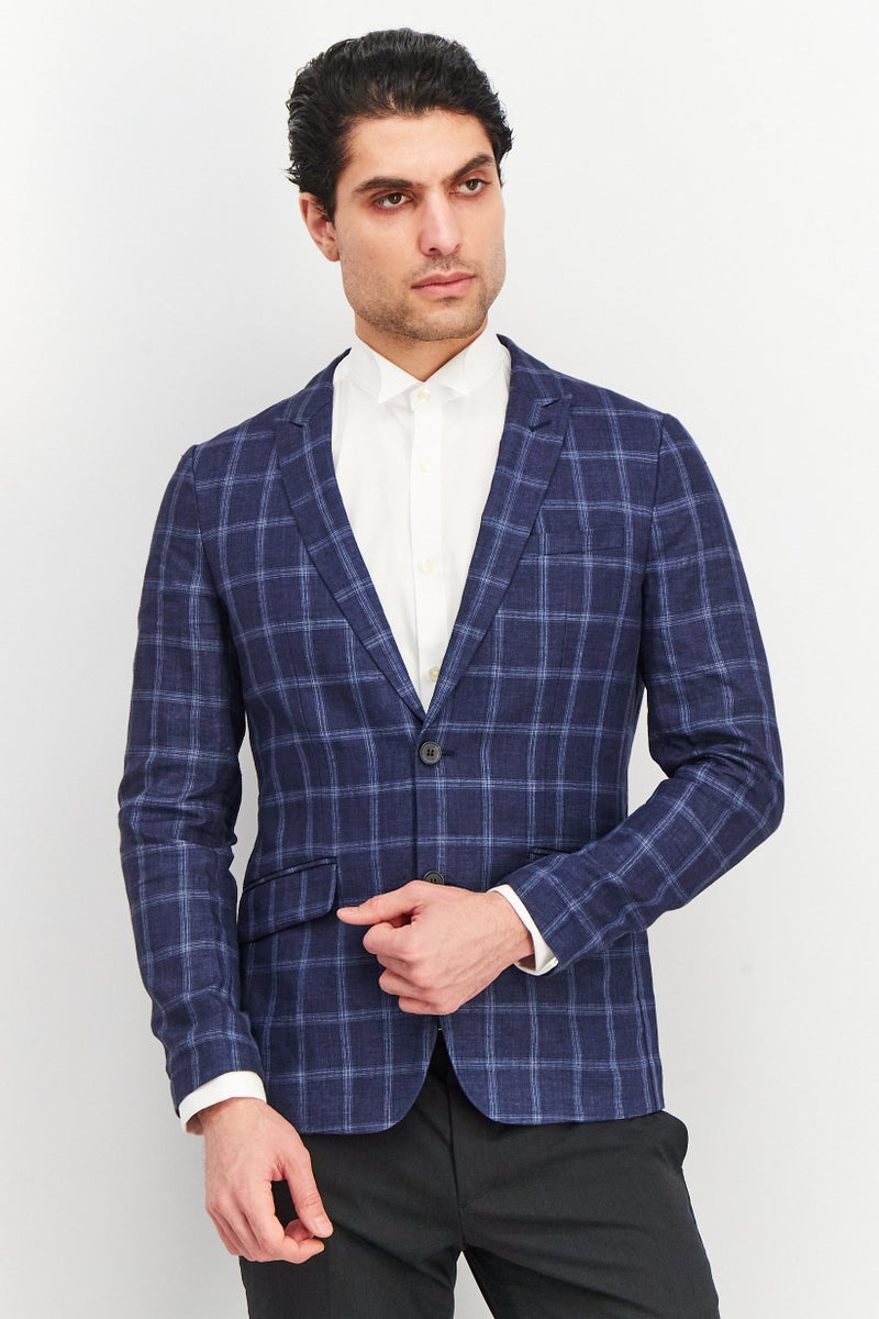 SELECTED Men Slim Fit Linen Checkered Blazer, Navy - Image 1