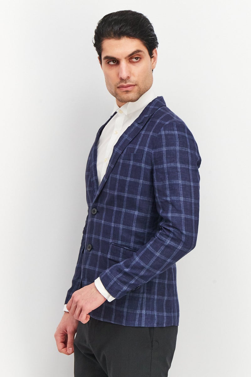 SELECTED Men Slim Fit Linen Checkered Blazer, Navy - Image 3