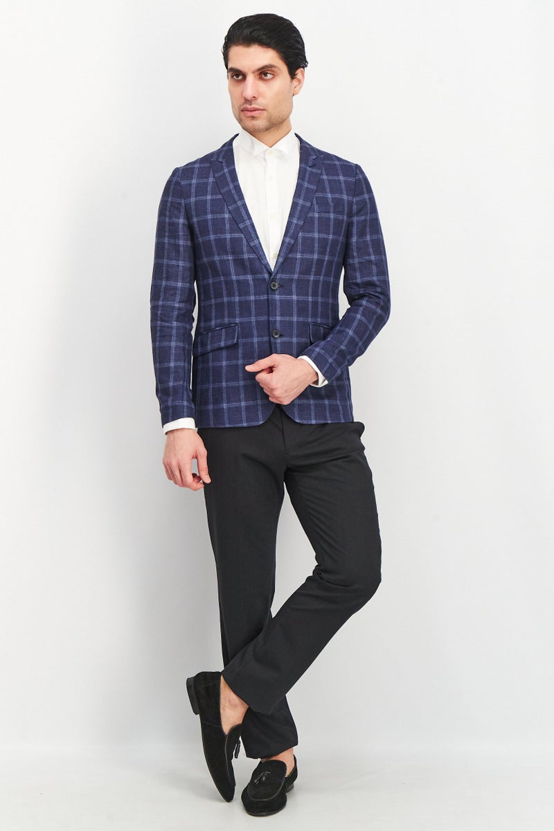 SELECTED Men Slim Fit Linen Checkered Blazer, Navy - Image 2